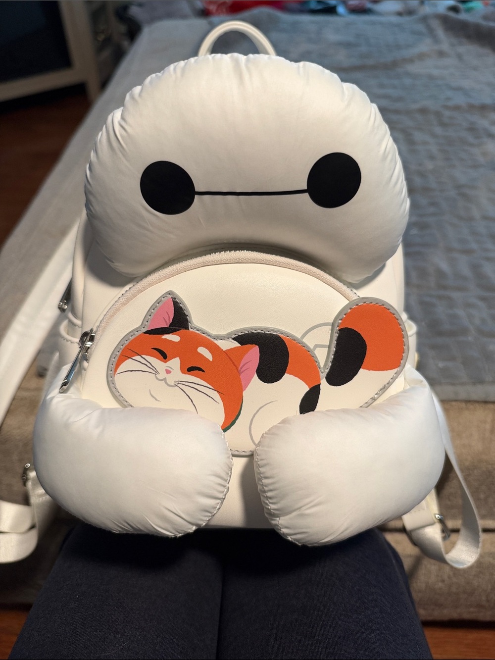 Loungefly White Plush Baymax Backpack with Orange & Black Calico Cat Patch